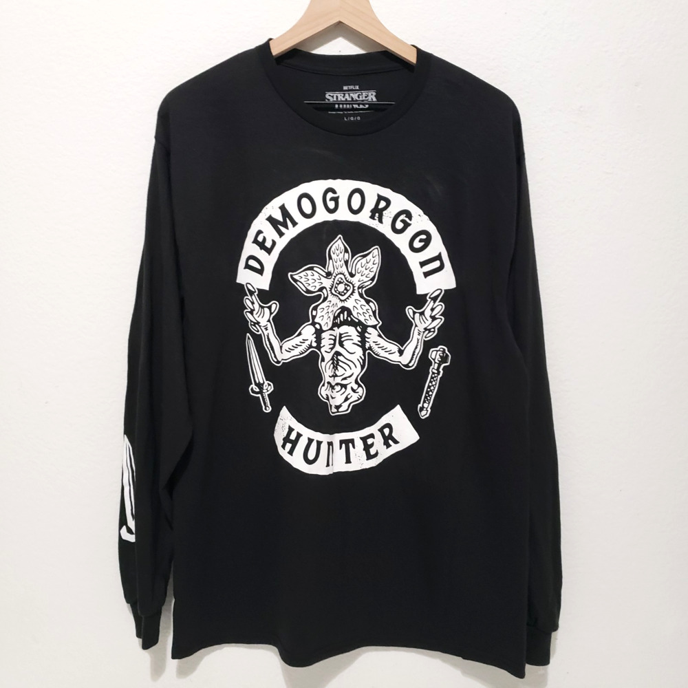 Stranger Things Shirt Unisex SIZE L Demogorgon Hunter Long Sleeve Black Netflix
